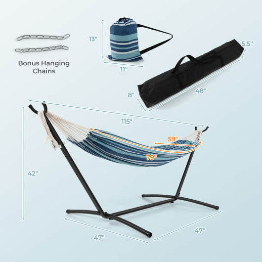 Portable Indoor Outdoor 2-Person Double Hammock Set with Stand and Carrying Cases-Blue W2B