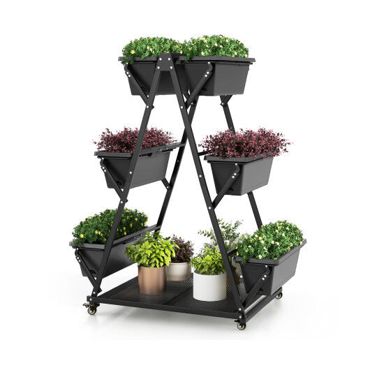 3-Tier Vertical Raised Garden Bed with 4 Wheels and 6 Container Boxes-Black W2B