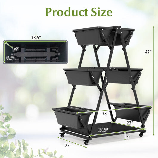 3-Tier Vertical Raised Garden Bed with 4 Wheels and 6 Container Boxes-Black W2B