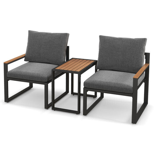 3 Pieces Aluminum Frame Weatherproof Outdoor Conversation Set with Soft Cushions-Gray