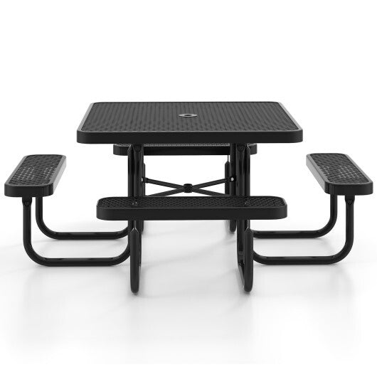 Square Picnic Table and Bench for 8 Person with Seats and Umbrella Hole-Black