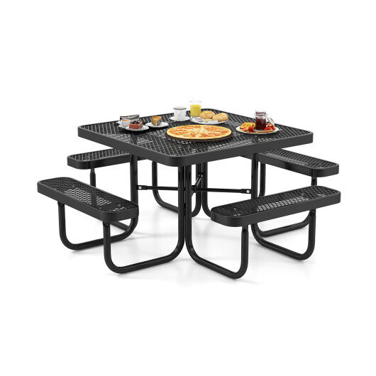 Square Picnic Table and Bench for 8 Person with Seats and Umbrella Hole-Black