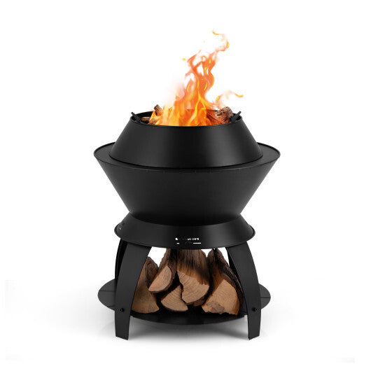 20 Inch Patio Fire Pit Metal Camping Fire Bowl with Pot Holder and Storage Shelf-Black W2B