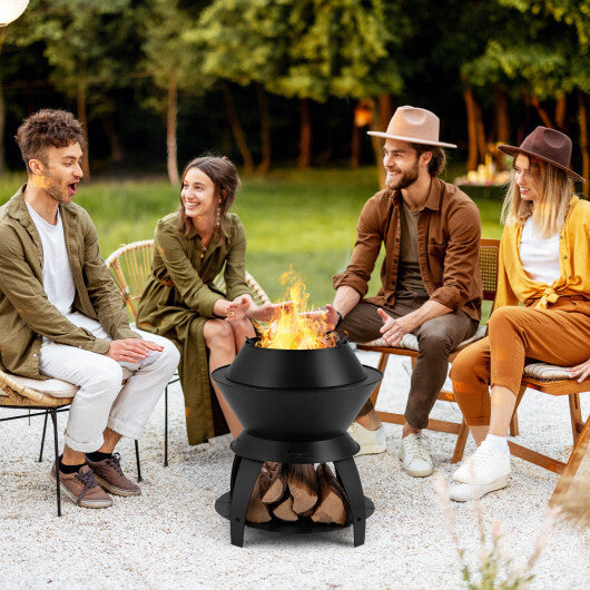 20 Inch Patio Fire Pit Metal Camping Fire Bowl with Pot Holder and Storage Shelf-Black W2B