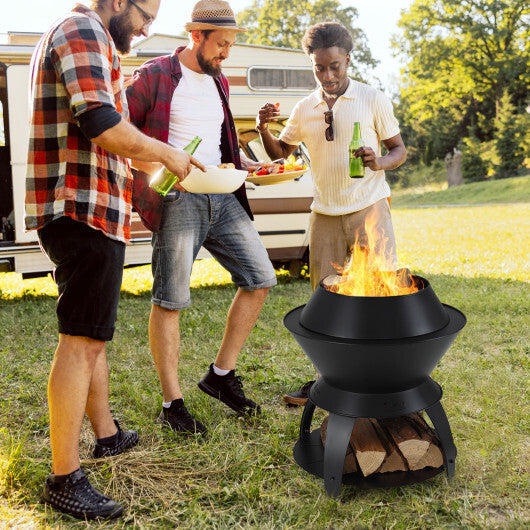 20 Inch Patio Fire Pit Metal Camping Fire Bowl with Pot Holder and Storage Shelf-Black W2B
