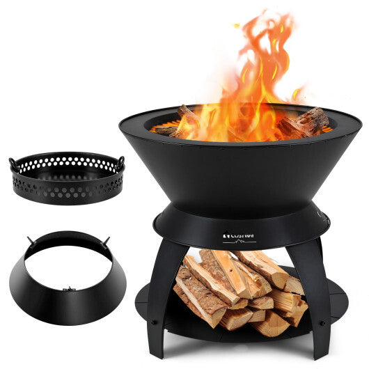 20 Inch Patio Fire Pit Metal Camping Fire Bowl with Pot Holder and Storage Shelf-Black W2B