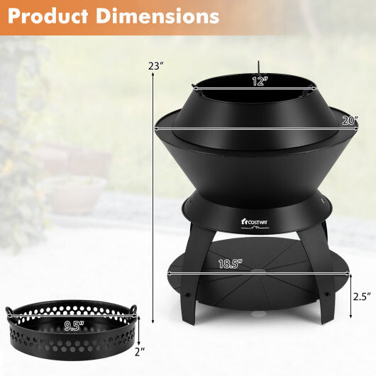 20 Inch Patio Fire Pit Metal Camping Fire Bowl with Pot Holder and Storage Shelf-Black W2B
