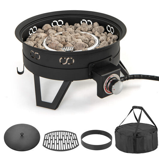 17 Inch Portable Gas Fire Pit with Folding Legs and Removable Grill for Camping-Black W2B