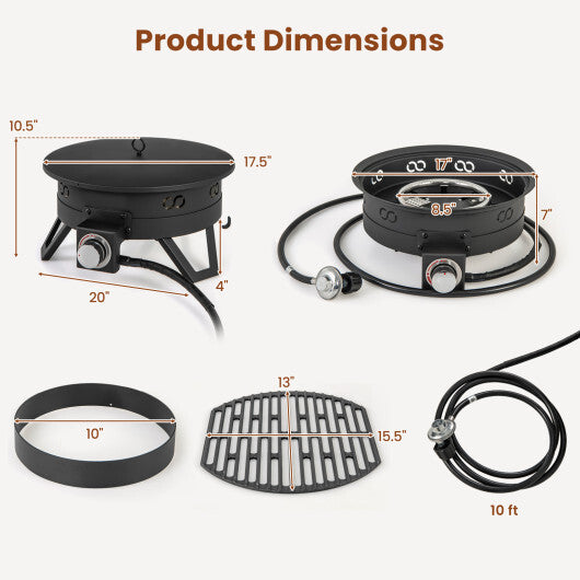 17 Inch Portable Gas Fire Pit with Folding Legs and Removable Grill for Camping-Black W2B
