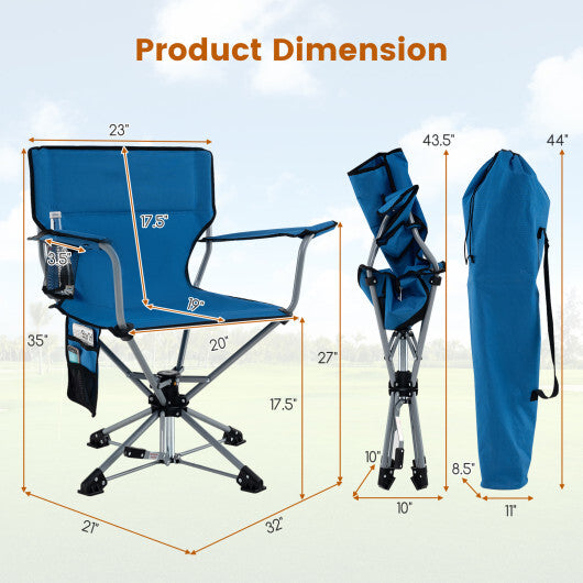 360 Swivel Hunting Chair Portable Foldable Hunting Chair with Mesh Cup Holder and Storage Pockets-Blue W2B