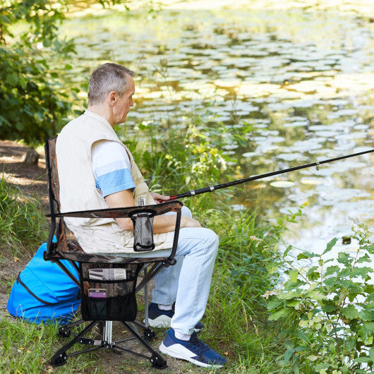 360 Swivel Hunting Chair Portable Foldable Hunting Chair with Mesh Cup Holder and Storage Pockets-Blue W2B