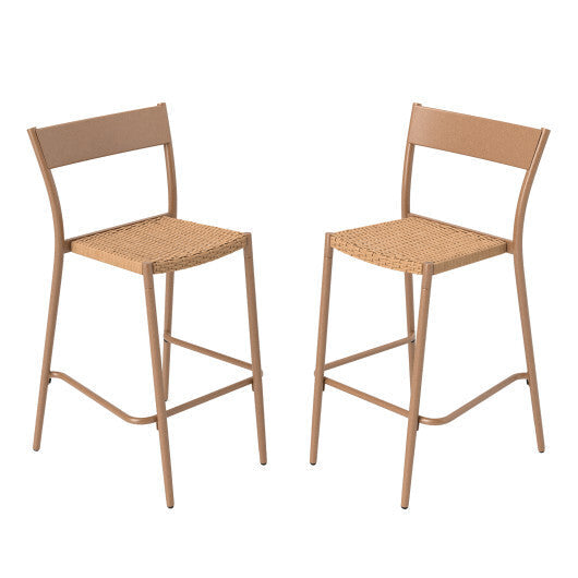 Patio Barstools Set of 2 with Rattan Seat and Metal Backrest-Light Brown W2B