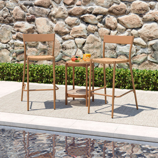 Patio Barstools Set of 2 with Rattan Seat and Metal Backrest-Light Brown W2B