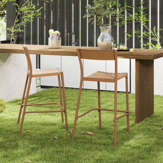 Patio Barstools Set of 2 with Rattan Seat and Metal Backrest-Light Brown W2B