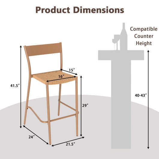 Patio Barstools Set of 2 with Rattan Seat and Metal Backrest-Light Brown W2B