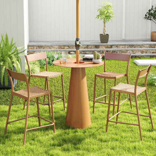 Patio Barstools Set of 2 with Rattan Seat and Metal Backrest-Light Brown W2B