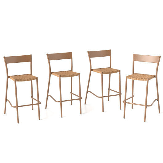 Patio Barstools Set of 4 with Rattan Seat and Metal Backrest-Light Brown