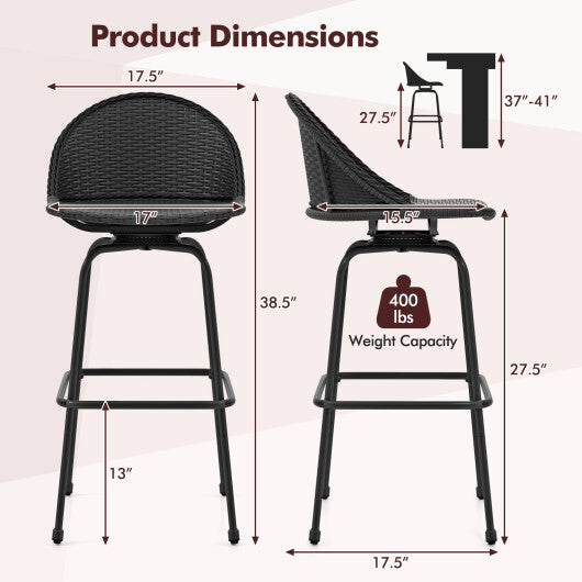 Set of 2 Rattan Swivel Barstools with Curved Back-Black W2B