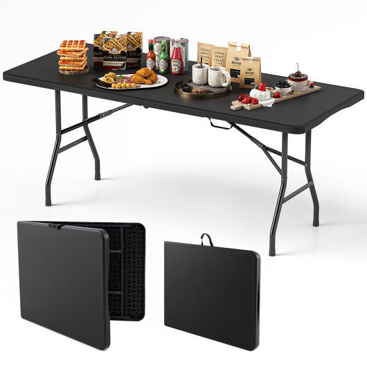 6 ft Portable Folding Table 350 LBS Fold-in-Half Table with HDPE Tabletop-Black W2B
