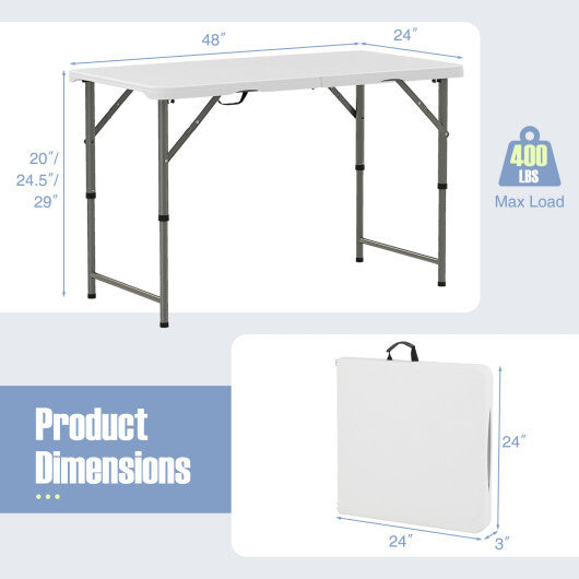 4 Feet Portable Camping Table with HDPE Tabletop and Metal Legs-White W2B