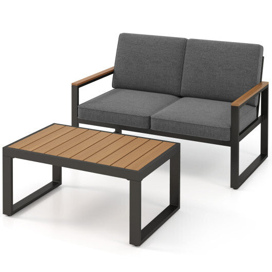 2 Piece Patio Aluminum Furniture Set with Wood-Plastic Armrests and Tabletop-Gray W2B