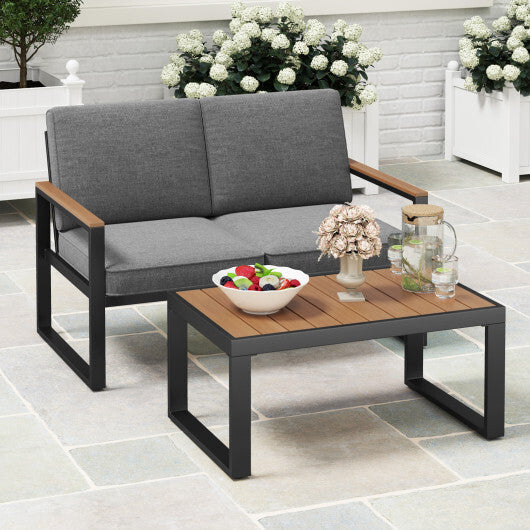 2 Piece Patio Aluminum Furniture Set with Wood-Plastic Armrests and Tabletop-Gray W2B