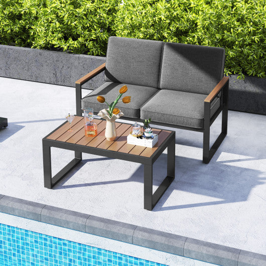 2 Piece Patio Aluminum Furniture Set with Wood-Plastic Armrests and Tabletop-Gray W2B