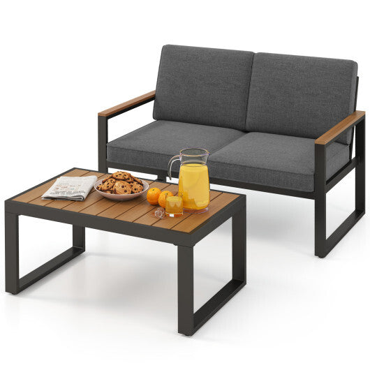 2 Piece Patio Aluminum Furniture Set with Wood-Plastic Armrests and Tabletop-Gray W2B
