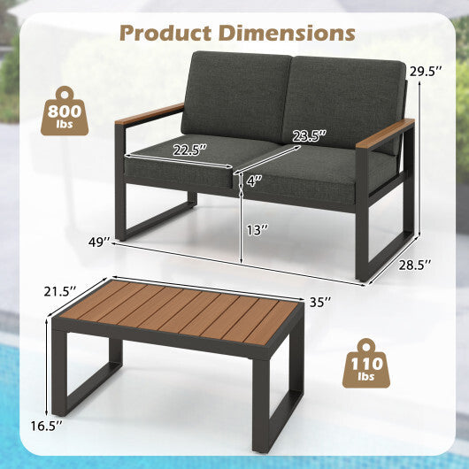2 Piece Patio Aluminum Furniture Set with Wood-Plastic Armrests and Tabletop-Gray W2B