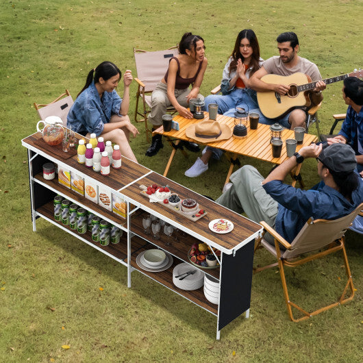 Aluminum Portable Picnic Table with 2-Tier Open Shelves and Spacious Tabletop-Black