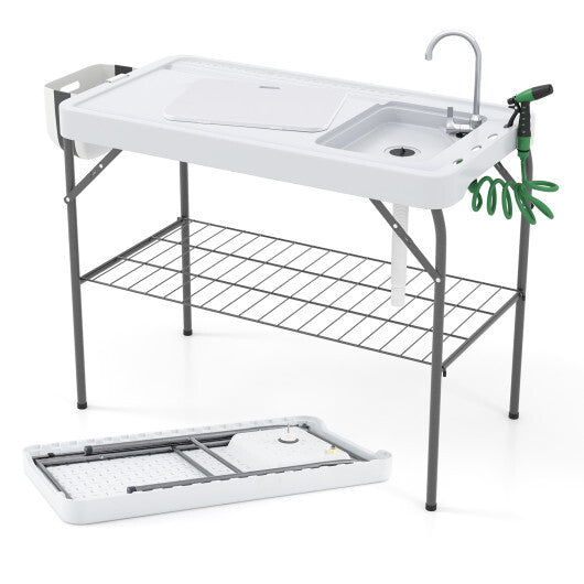 2 in 1 Folding Fish Cleaning Table with Sink and Faucet for Patio BBQ