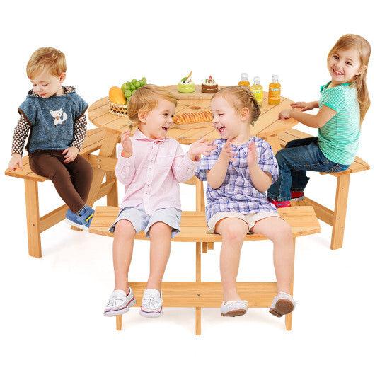 Kids Outdoor Wooden Picnic Table and Bench Set with Umbrella Hole-Natural