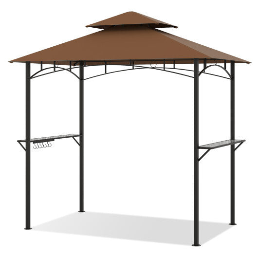 Outdoor Double-Tiered Grill Gazebo Canopy with 2 Shelves and 7 Hooks-Beige