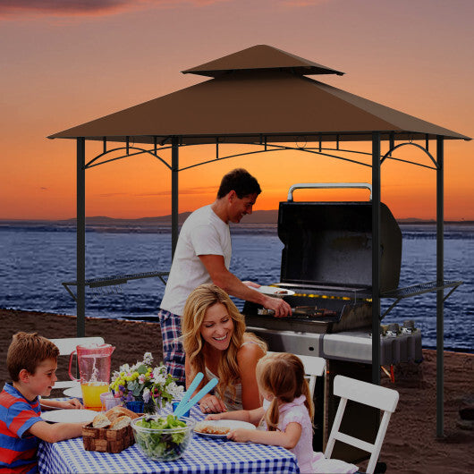 Outdoor Double-Tiered Grill Gazebo Canopy with 2 Shelves and 7 Hooks-Beige