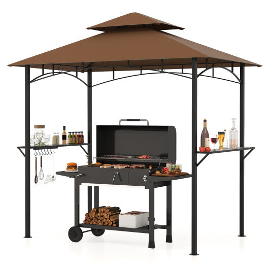 Outdoor Double-Tiered Grill Gazebo Canopy with 2 Shelves and 7 Hooks-Beige