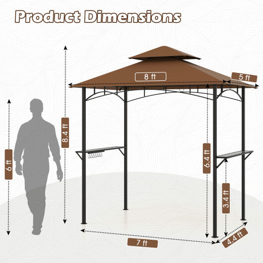 Outdoor Double-Tiered Grill Gazebo Canopy with 2 Shelves and 7 Hooks-Beige