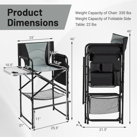 46 Inches Tall Directors Chair with Foldable Side Table and Footrest-Gray W2B