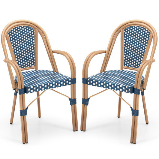 Hand-Woven PE Wicker Outdoor French Bistro Chairs Set of 2-Blue