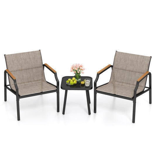 3 Piece Outdoor Chair Set with Breathable Fabric Seat and Armrests-Brown