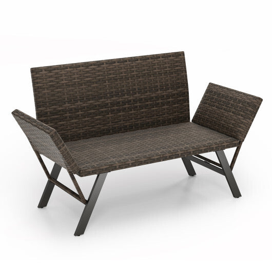 Patio Convertible Sofa for 2 Quick Dry Foam Padded Rattan with Armrests-Gray W2B