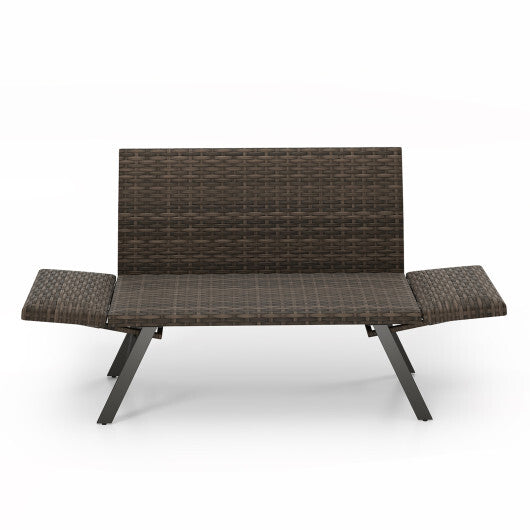 Patio Convertible Sofa for 2 Quick Dry Foam Padded Rattan with Armrests-Gray W2B