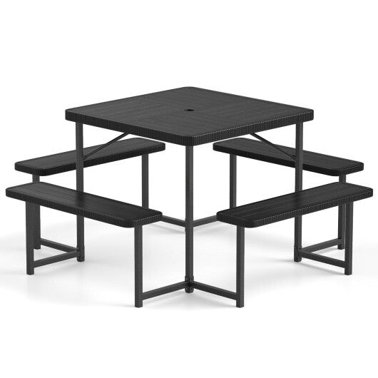 Outdoor Square Picnic Table Bench Set for 4-8 People with Umbrella Hole-Gray W2B