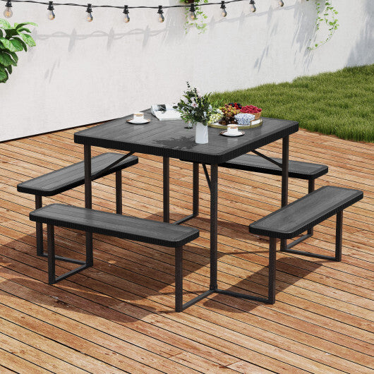 Outdoor Square Picnic Table Bench Set for 4-8 People with Umbrella Hole-Gray W2B