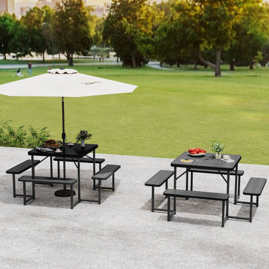 Outdoor Square Picnic Table Bench Set for 4-8 People with Umbrella Hole-Gray W2B