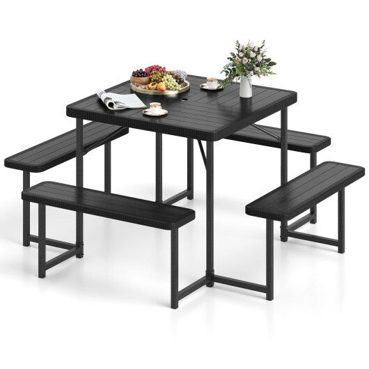 Outdoor Square Picnic Table Bench Set for 4-8 People with Umbrella Hole-Gray W2B