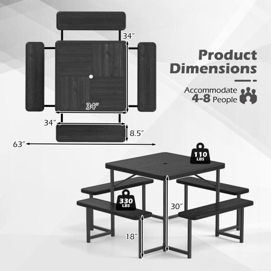 Outdoor Square Picnic Table Bench Set for 4-8 People with Umbrella Hole-Gray W2B
