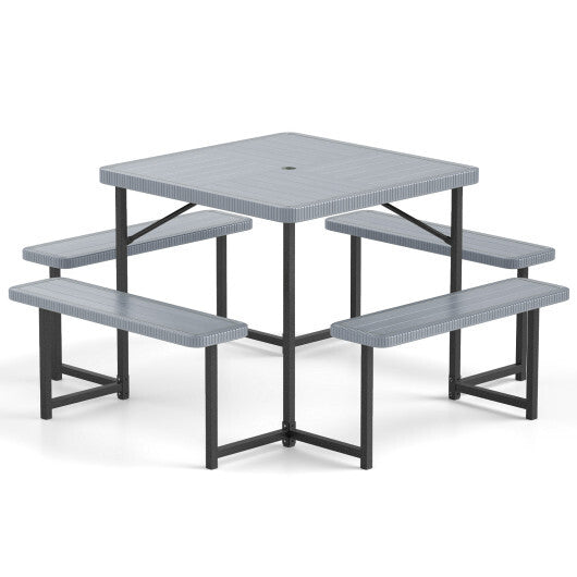 Outdoor Square Picnic Table Bench Set for 4-8 People with Umbrella Hole-Gray W2B