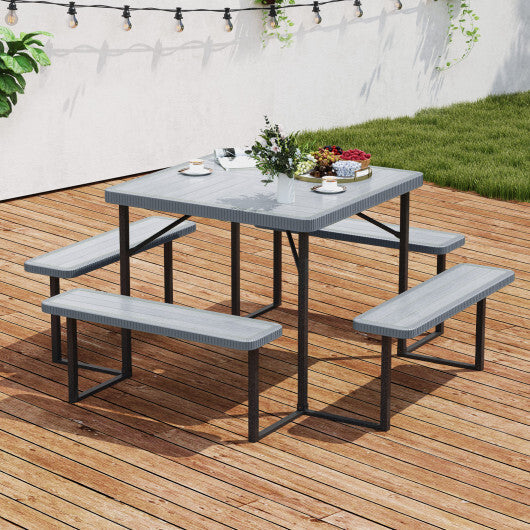 Outdoor Square Picnic Table Bench Set for 4-8 People with Umbrella Hole-Gray W2B