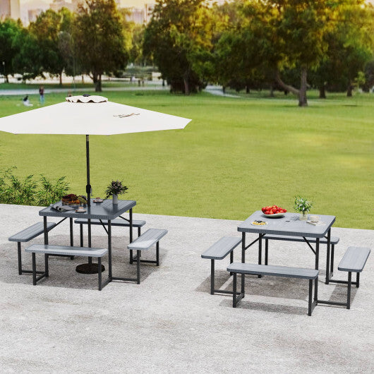Outdoor Square Picnic Table Bench Set for 4-8 People with Umbrella Hole-Gray W2B