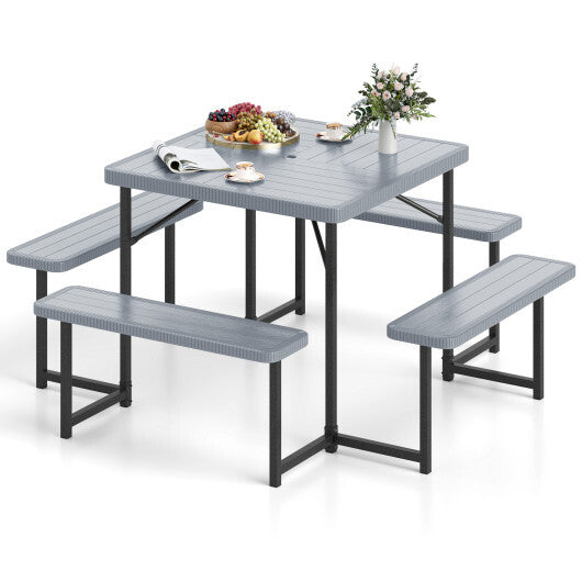 Outdoor Square Picnic Table Bench Set for 4-8 People with Umbrella Hole-Gray W2B